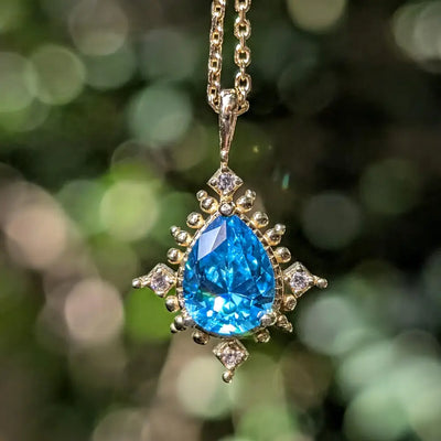 Vintage Teardrop Blue Topaz Halo Pendant Necklace Necklaces Handmade Handcrafted