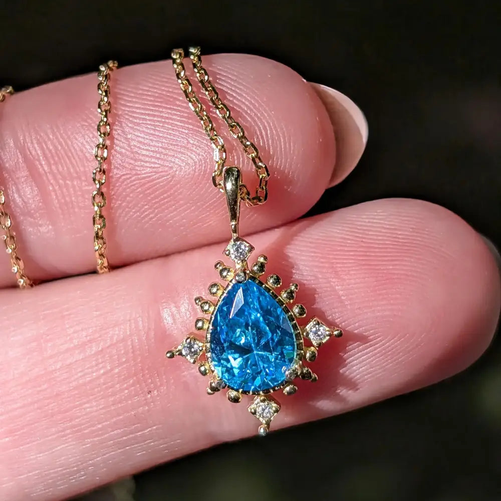 Vintage Teardrop Blue Topaz Halo Pendant Necklace Necklaces Handmade Handcrafted