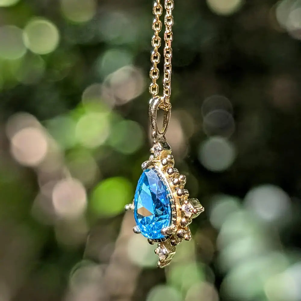Vintage Teardrop Blue Topaz Halo Pendant Necklace Necklaces Handmade Handcrafted