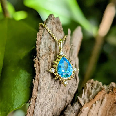 Vintage Teardrop Blue Topaz Halo Pendant Necklace Necklaces Handmade Handcrafted