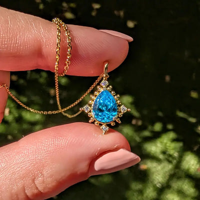 Vintage Teardrop Blue Topaz Halo Pendant Necklace Necklaces Handmade Handcrafted