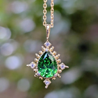 Vintage Teardrop Emerald Halo Pendant Necklace Necklaces Handmade Handcrafted