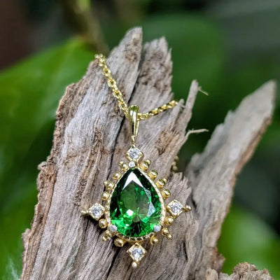 Vintage Teardrop Emerald Halo Pendant Necklace Necklaces Handmade Handcrafted