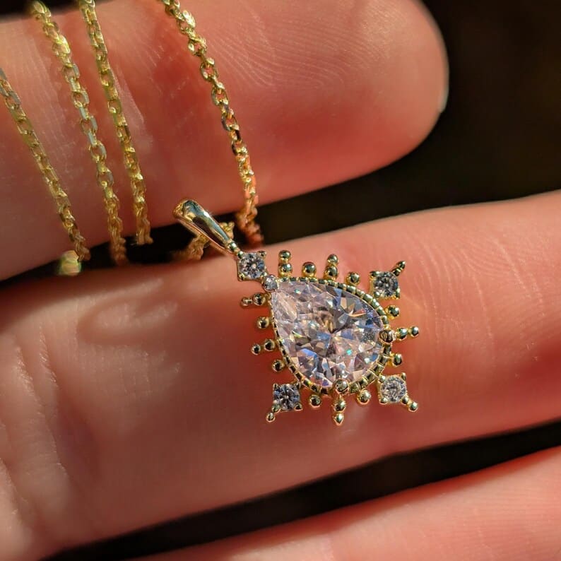 Vintage Teardrop Moissanite Halo Pendant Necklace Necklaces Handmade Handcrafted