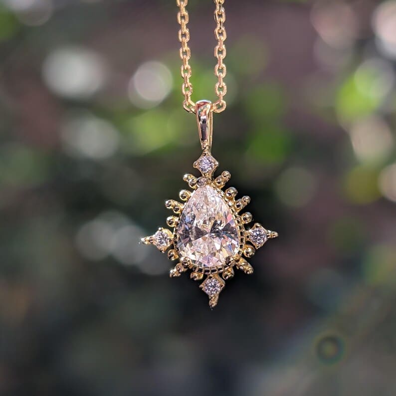 Vintage Teardrop Moissanite Halo Pendant Necklace Necklaces Handmade Handcrafted