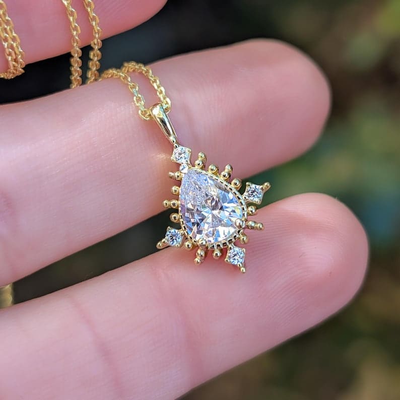 Vintage Teardrop Moissanite Halo Pendant Necklace Necklaces Handmade Handcrafted