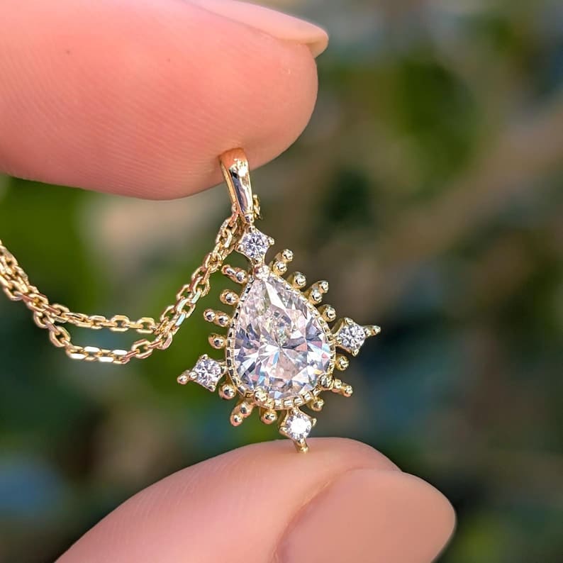 Vintage Teardrop Moissanite Halo Pendant Necklace Necklaces Handmade Handcrafted
