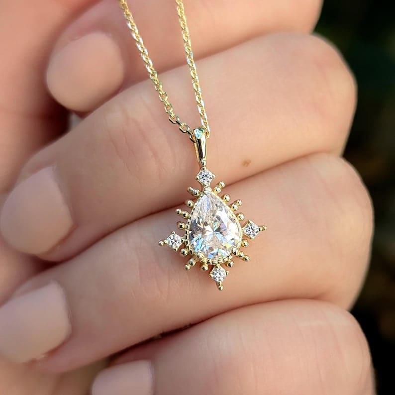 Vintage Teardrop Moissanite Halo Pendant Necklace Necklaces Handmade Handcrafted