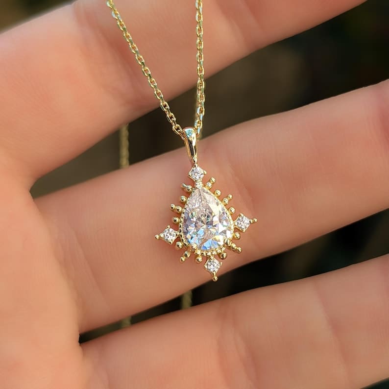 Vintage Teardrop Moissanite Halo Pendant Necklace Necklaces Handmade Handcrafted