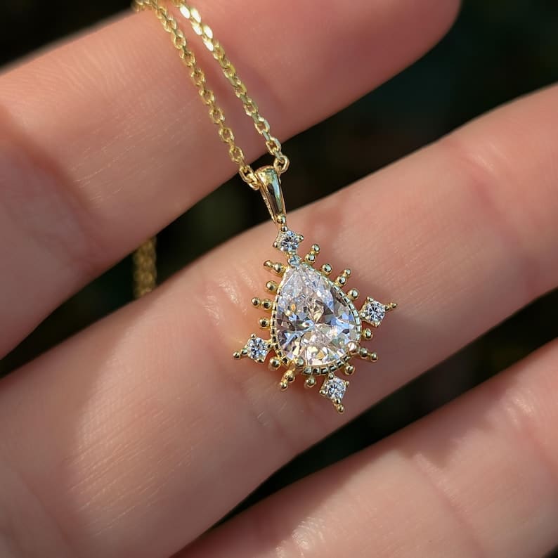 Vintage Teardrop Moissanite Halo Pendant Necklace Necklaces Handmade Handcrafted