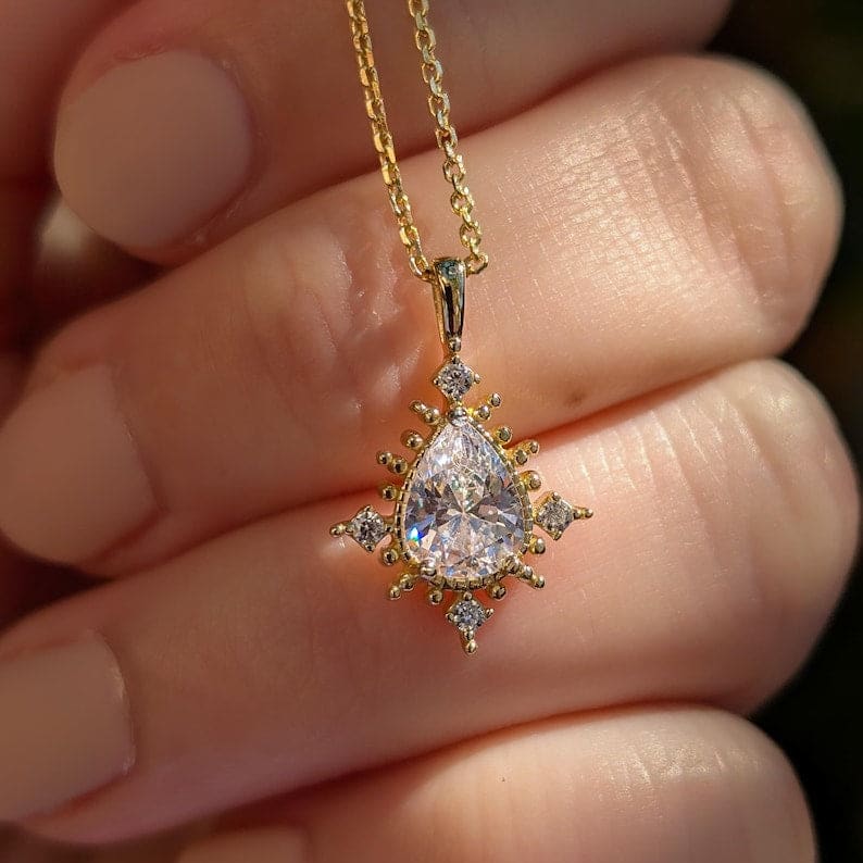 Vintage Teardrop Moissanite Halo Pendant Necklace Necklaces Handmade Handcrafted