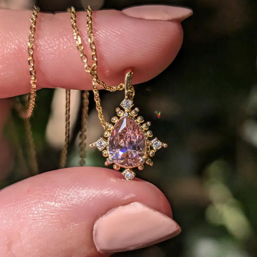 Vintage Teardrop Pink Tourmaline Halo Pendant Necklace Necklaces Handmade Handcrafted