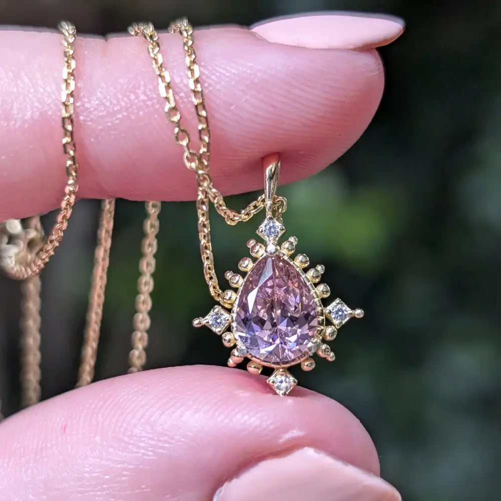 Vintage Teardrop Pink Tourmaline Halo Pendant Necklace Necklaces Handmade Handcrafted