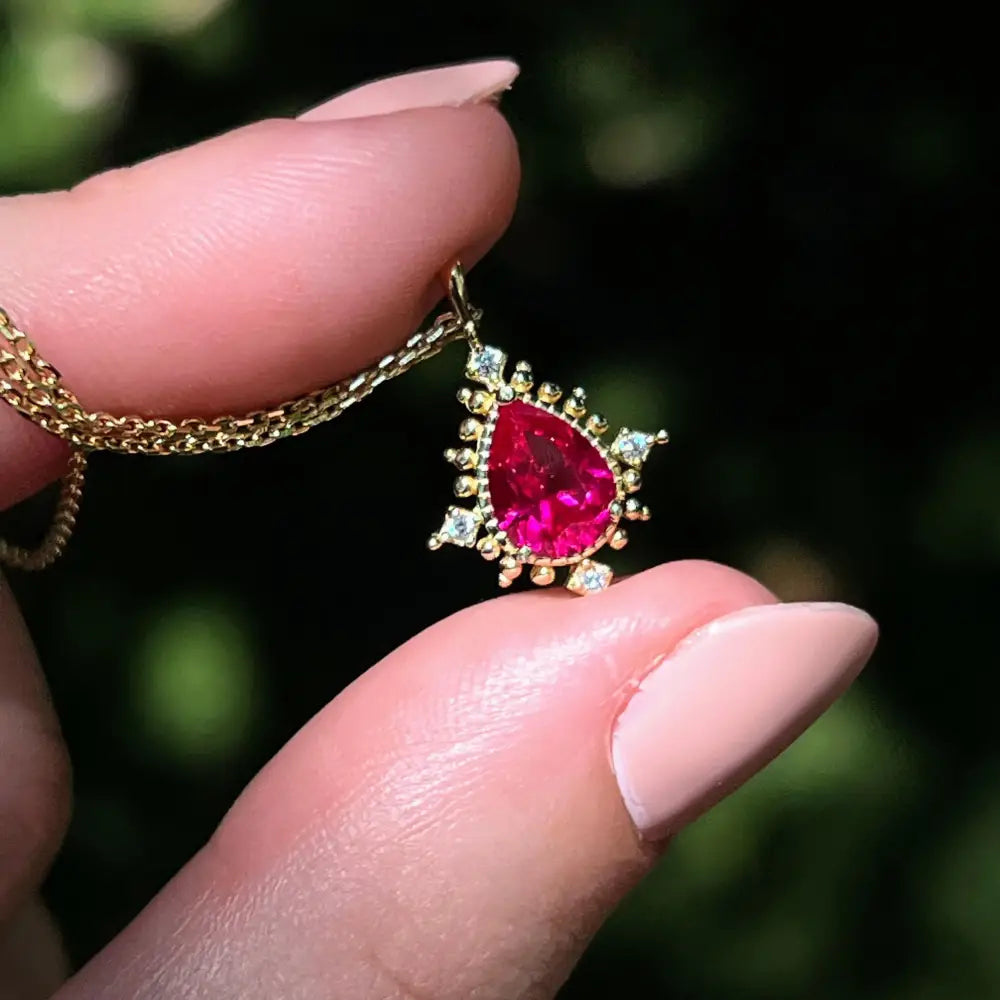 Vintage Teardrop Ruby Halo Pendant Necklace Necklaces Handmade Handcrafted