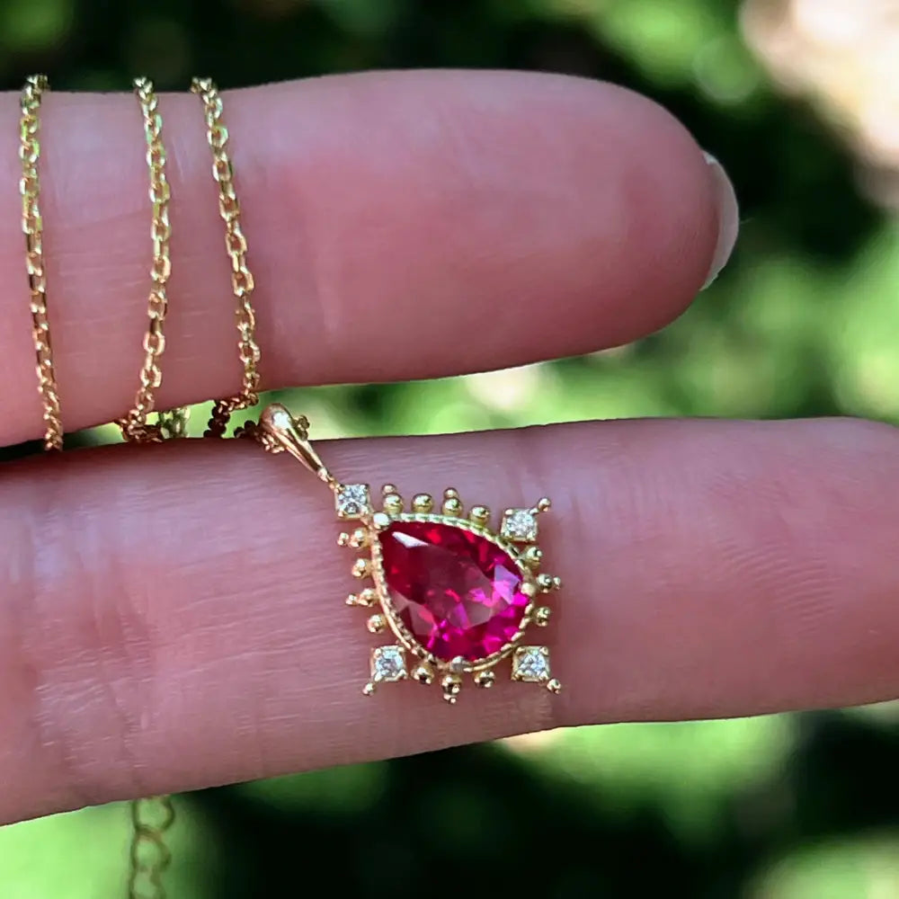 Vintage Teardrop Ruby Halo Pendant Necklace Necklaces Handmade Handcrafted