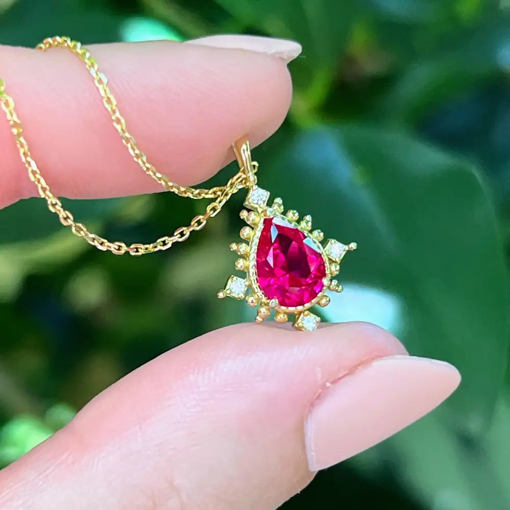 Vintage Teardrop Ruby Halo Pendant Necklace Necklaces Handmade Handcrafted