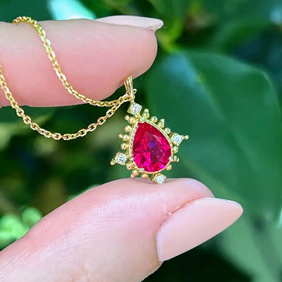 Vintage Teardrop Ruby Halo Pendant Necklace Necklaces Handmade Handcrafted