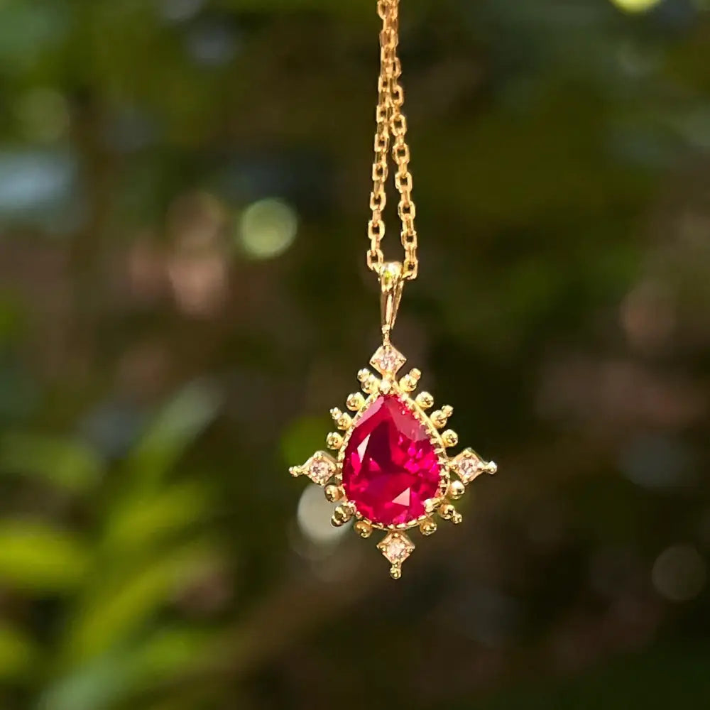 Vintage Teardrop Ruby Halo Pendant Necklace Necklaces Handmade Handcrafted