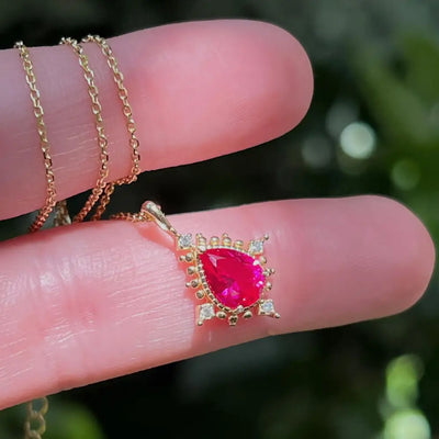 Vintage Teardrop Ruby Halo Pendant Necklace Necklaces Handmade Handcrafted