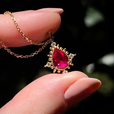 Vintage Teardrop Ruby Halo Pendant Necklace Necklaces Handmade Handcrafted