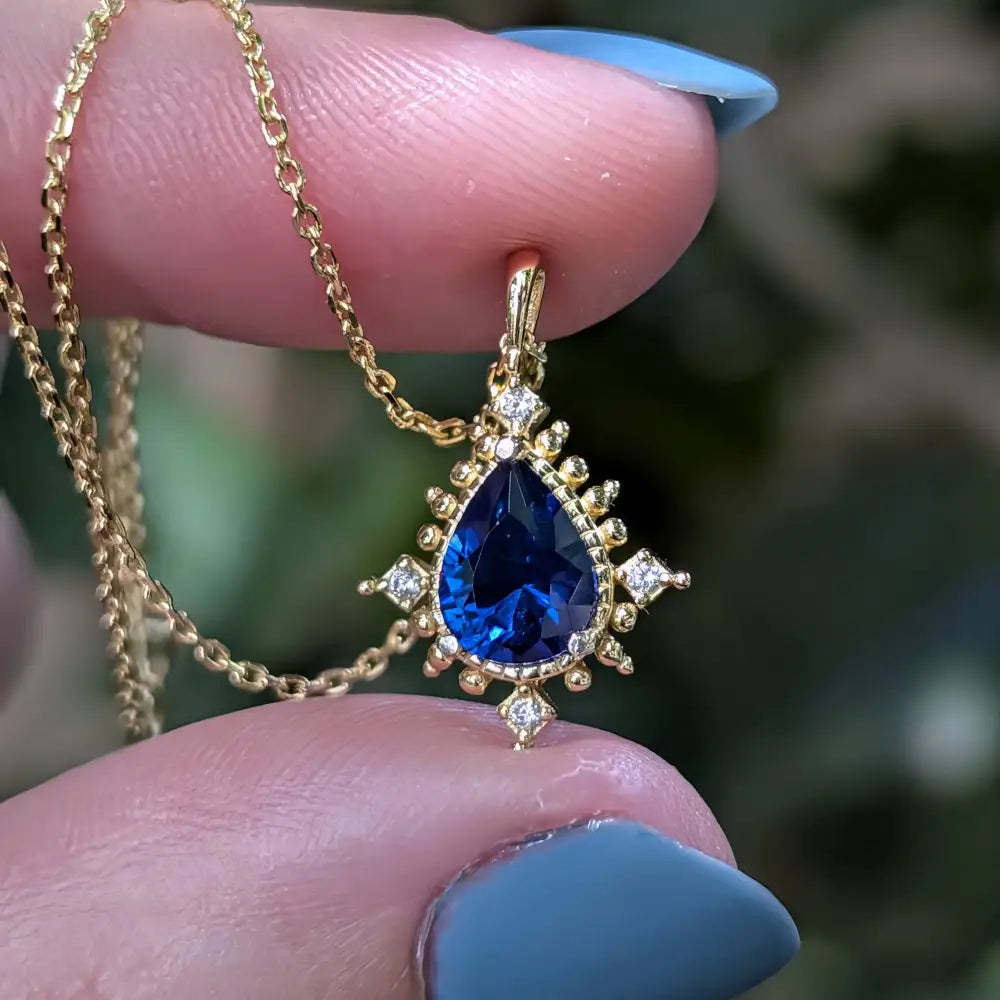 Vintage Teardrop Sapphire Halo Pendant Necklace Necklaces Handmade Handcrafted