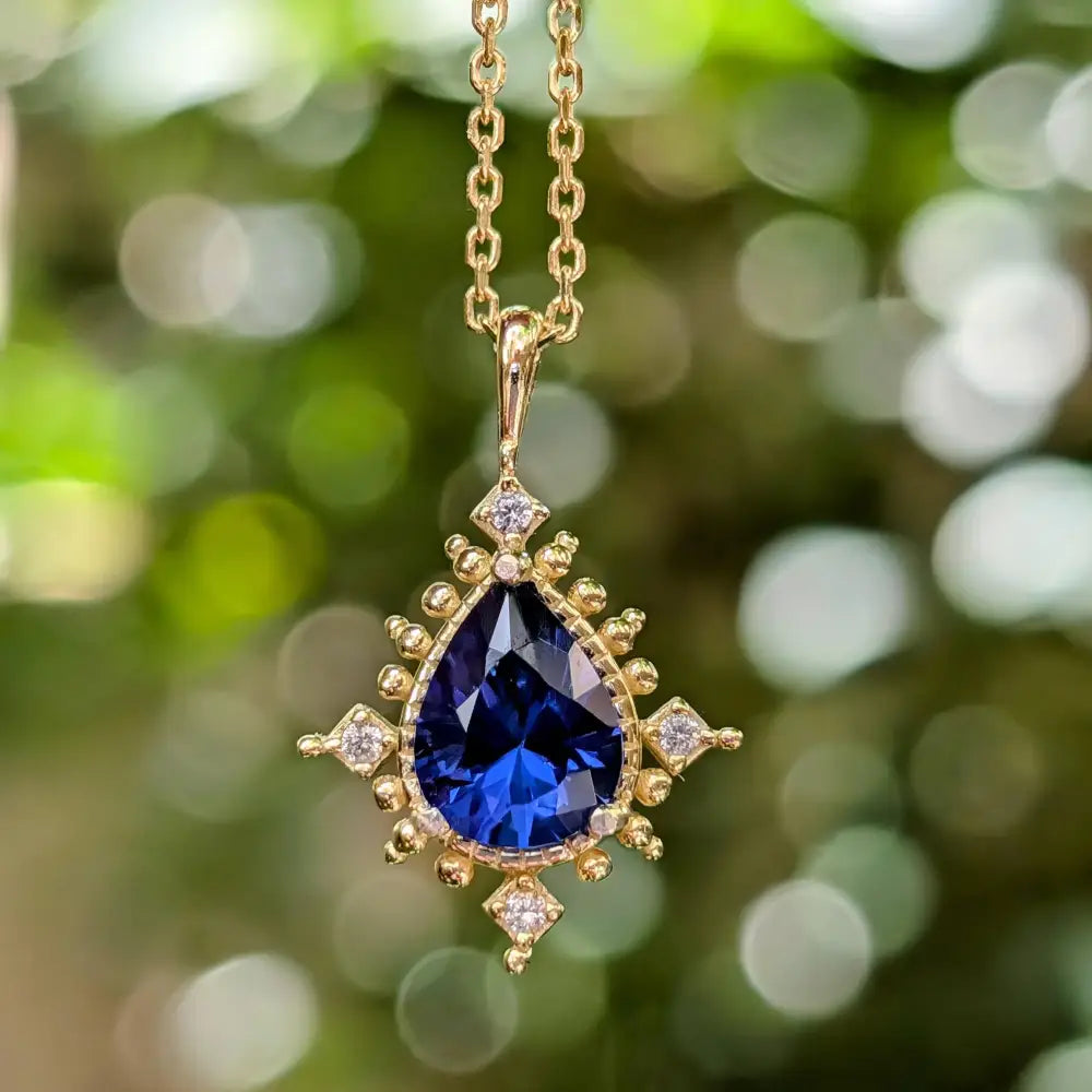 Vintage Teardrop Sapphire Halo Pendant Necklace Necklaces Handmade Handcrafted