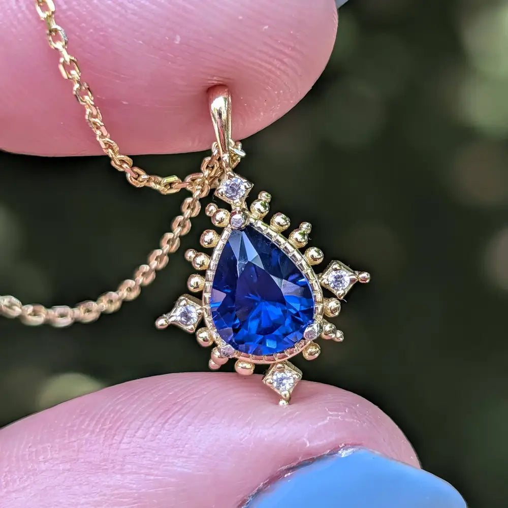 Vintage Teardrop Sapphire Halo Pendant Necklace Necklaces Handmade Handcrafted