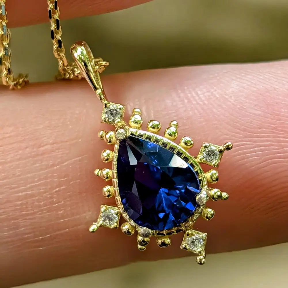 Vintage Teardrop Sapphire Halo Pendant Necklace Necklaces Handmade Handcrafted