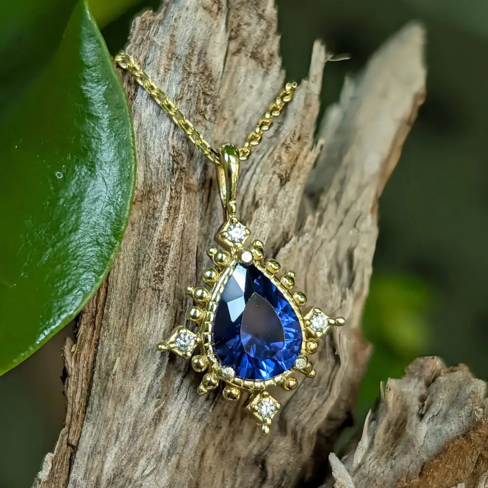 Vintage Teardrop Sapphire Halo Pendant Necklace Necklaces Handmade Handcrafted