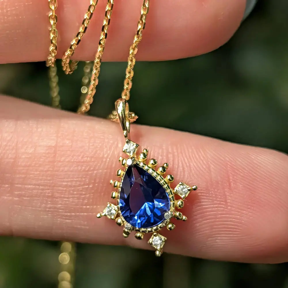 Vintage Teardrop Sapphire Halo Pendant Necklace Necklaces Handmade Handcrafted