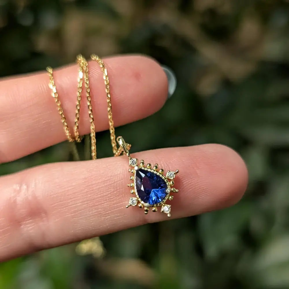 Vintage Teardrop Sapphire Halo Pendant Necklace Necklaces Handmade Handcrafted