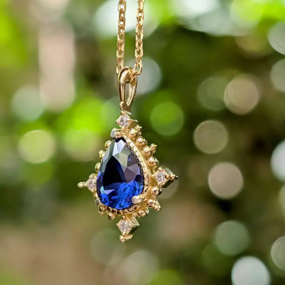Vintage Teardrop Sapphire Halo Pendant Necklace Necklaces Handmade Handcrafted