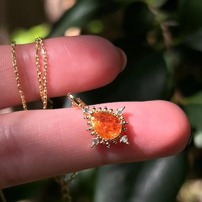 Vintage Teardrop Sunstone Halo Pendant Necklace Necklaces Handmade Handcrafted