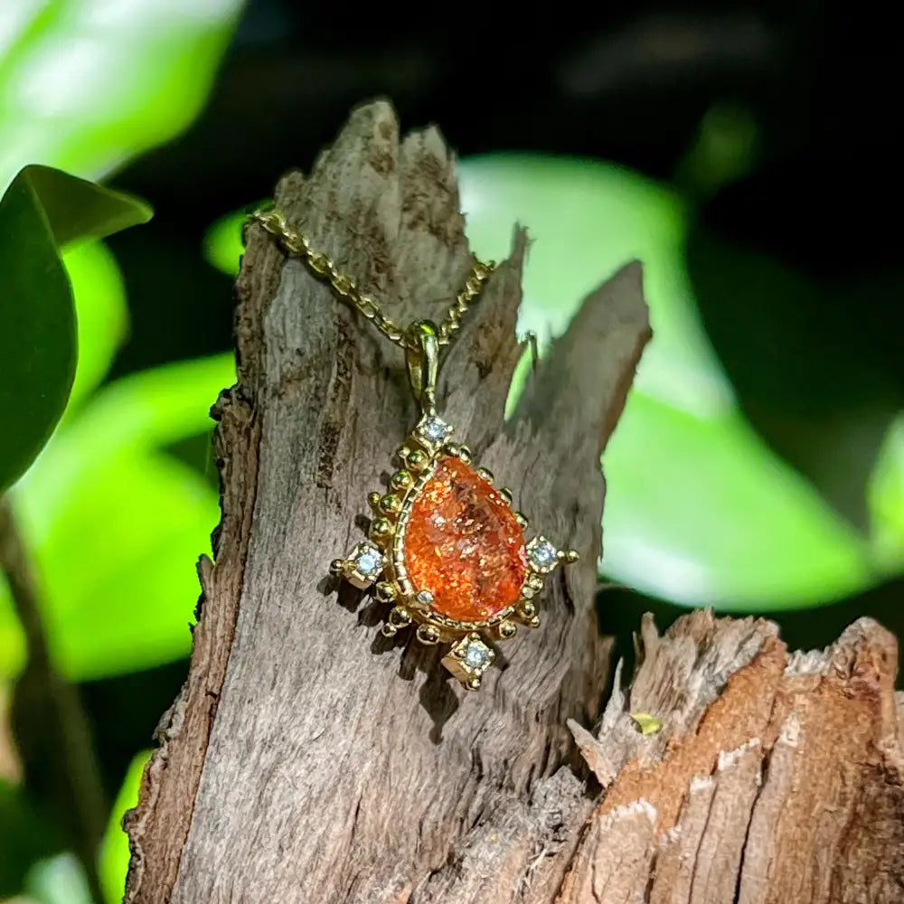 Vintage Teardrop Sunstone Halo Pendant Necklace Necklaces Handmade Handcrafted