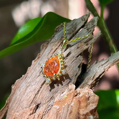 Vintage Teardrop Sunstone Halo Pendant Necklace Necklaces Handmade Handcrafted
