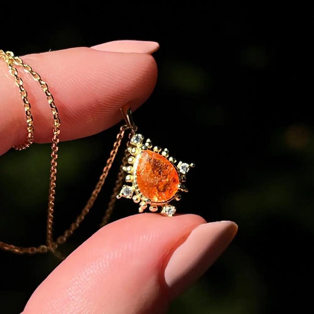 Vintage Teardrop Sunstone Halo Pendant Necklace Necklaces Handmade Handcrafted