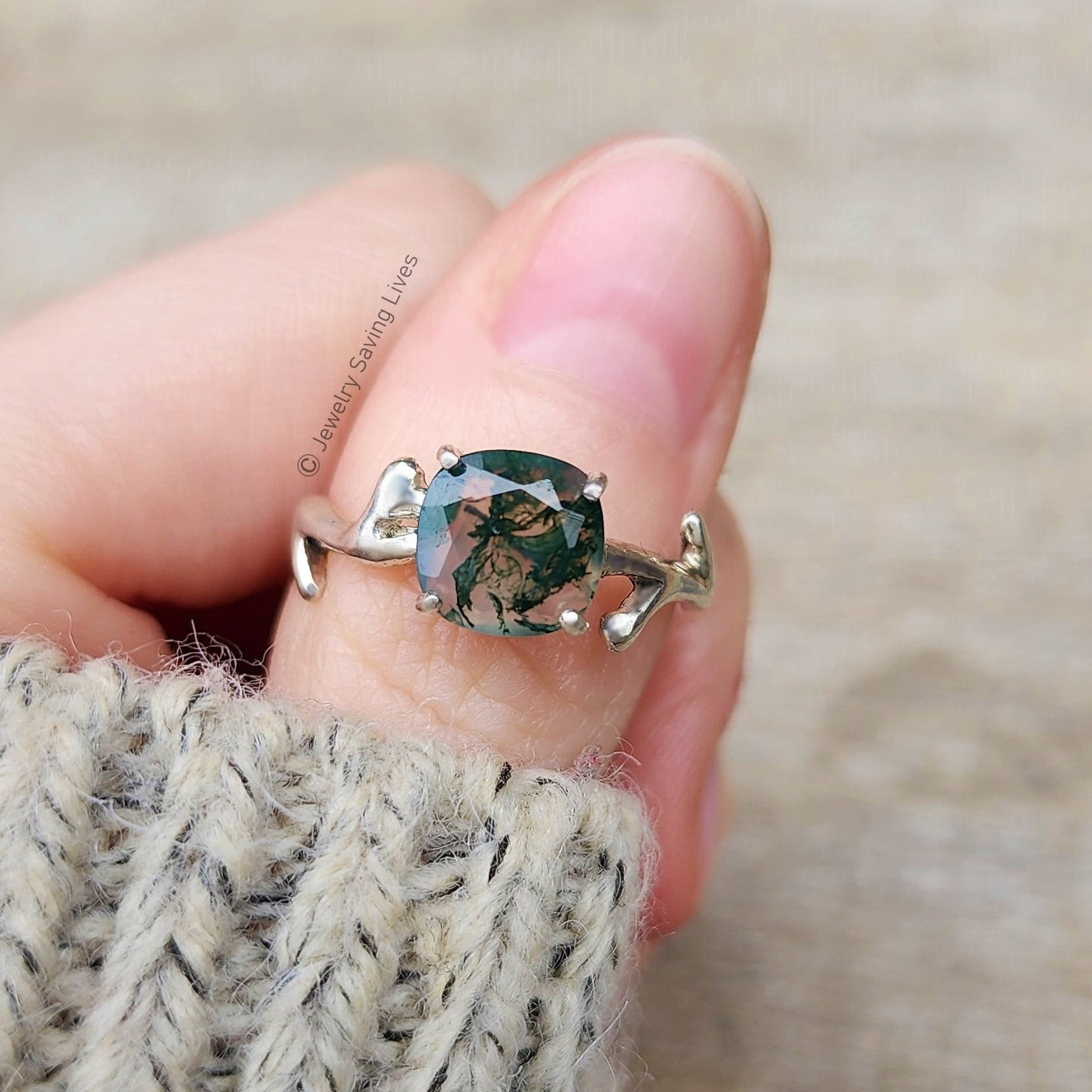 Natural Moss Agate Branch Ring