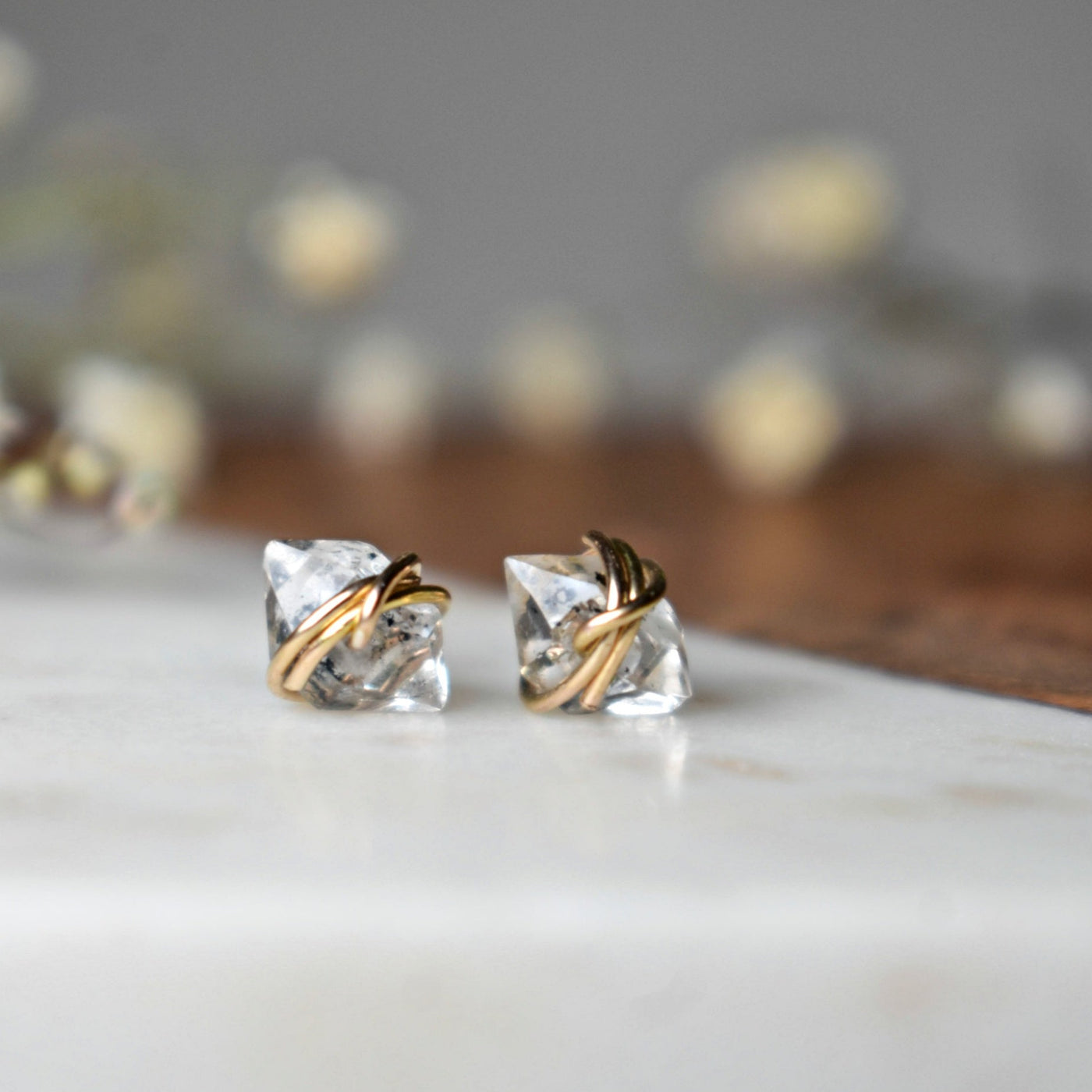 Wire Wrap Herkimer Diamond Stud Earrings