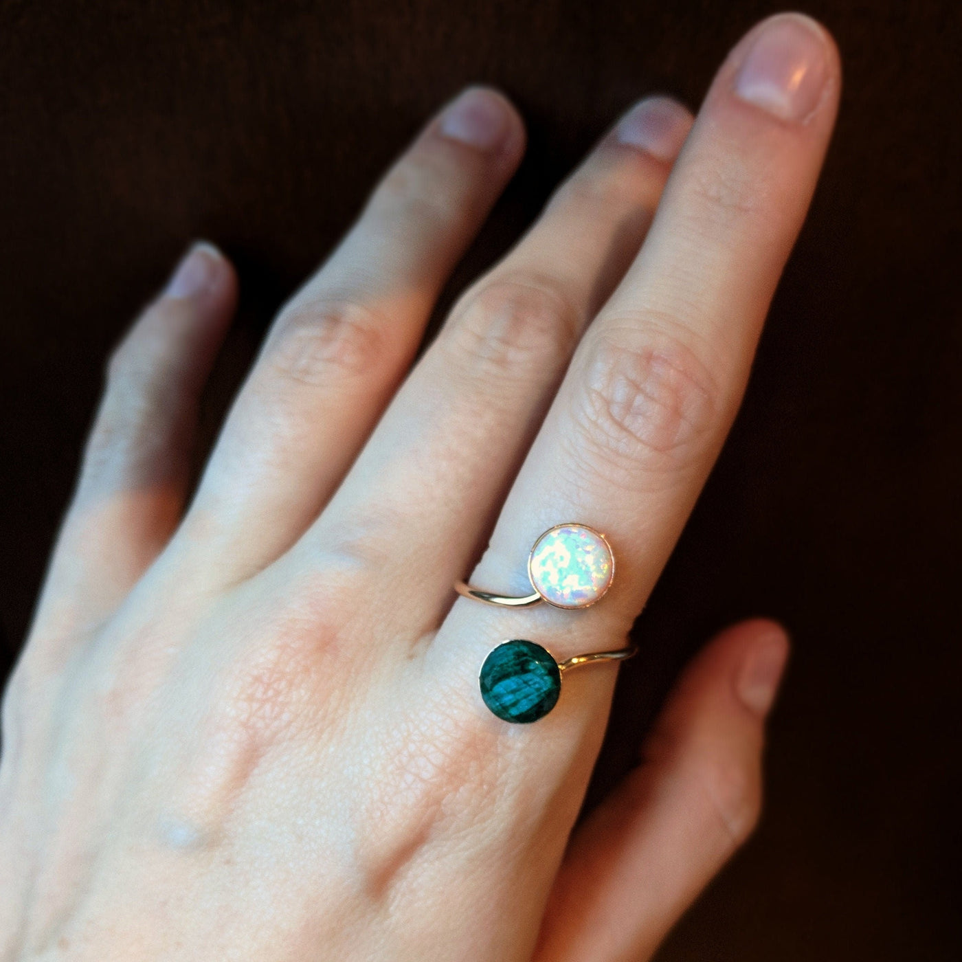 white fire opal and raw emerald ring